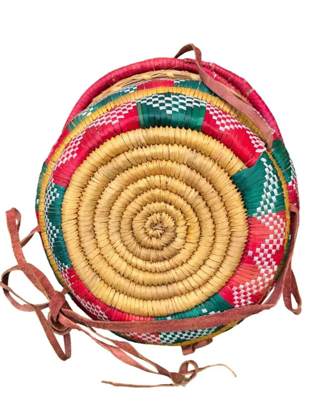 Ethiopian Handwoven Multi-Color Coiled Basket Lid Leather Straps Traditional Des